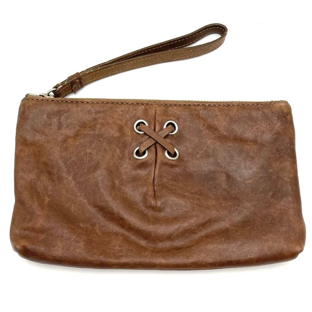 Cole Haan wristlet mini pouch clutch full zipper closure brown leather